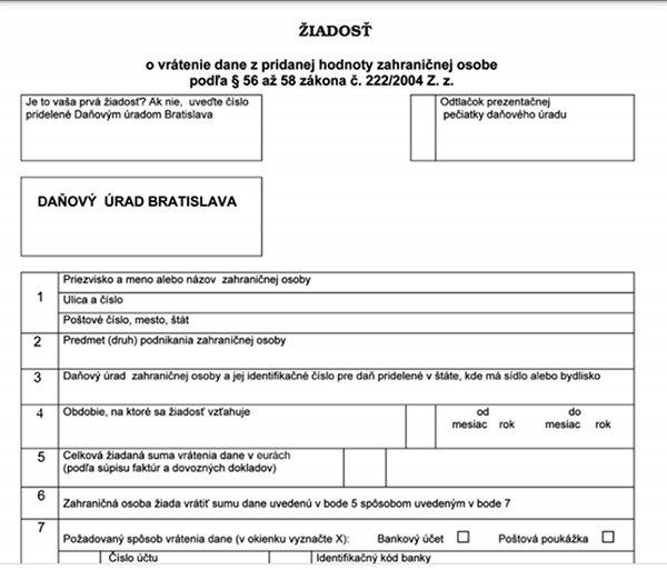 Ukážka časti žiadosti pre zahraničnú osobu z tretieho štátu (príloha č. 2 zákona o DPH):